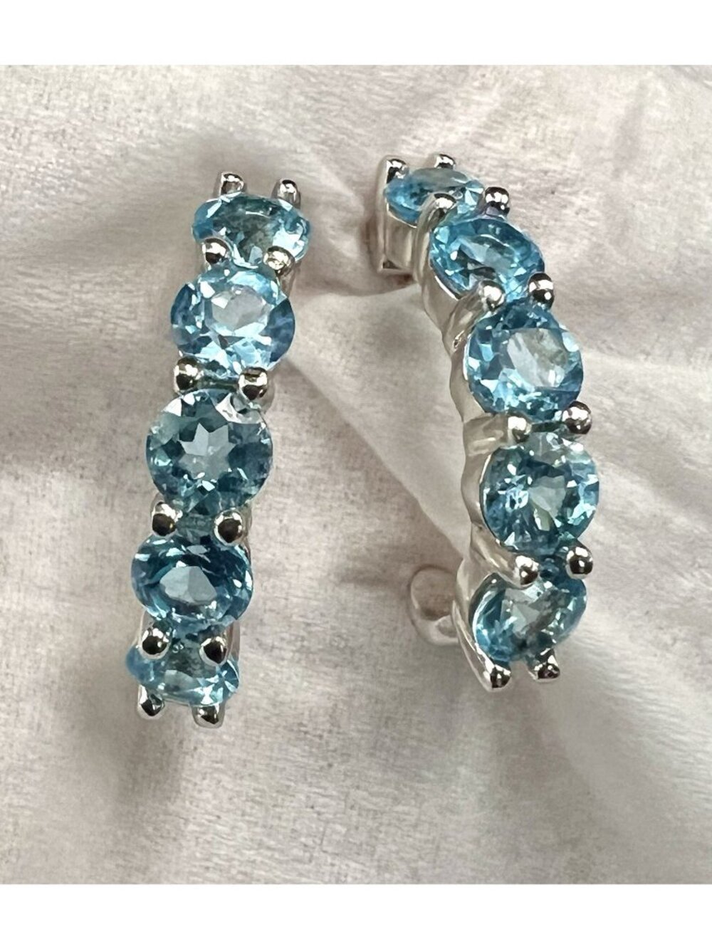 Solid 925 Sterling Silver Rhodium-Plated Blue Topaz J-Hoop Earrings